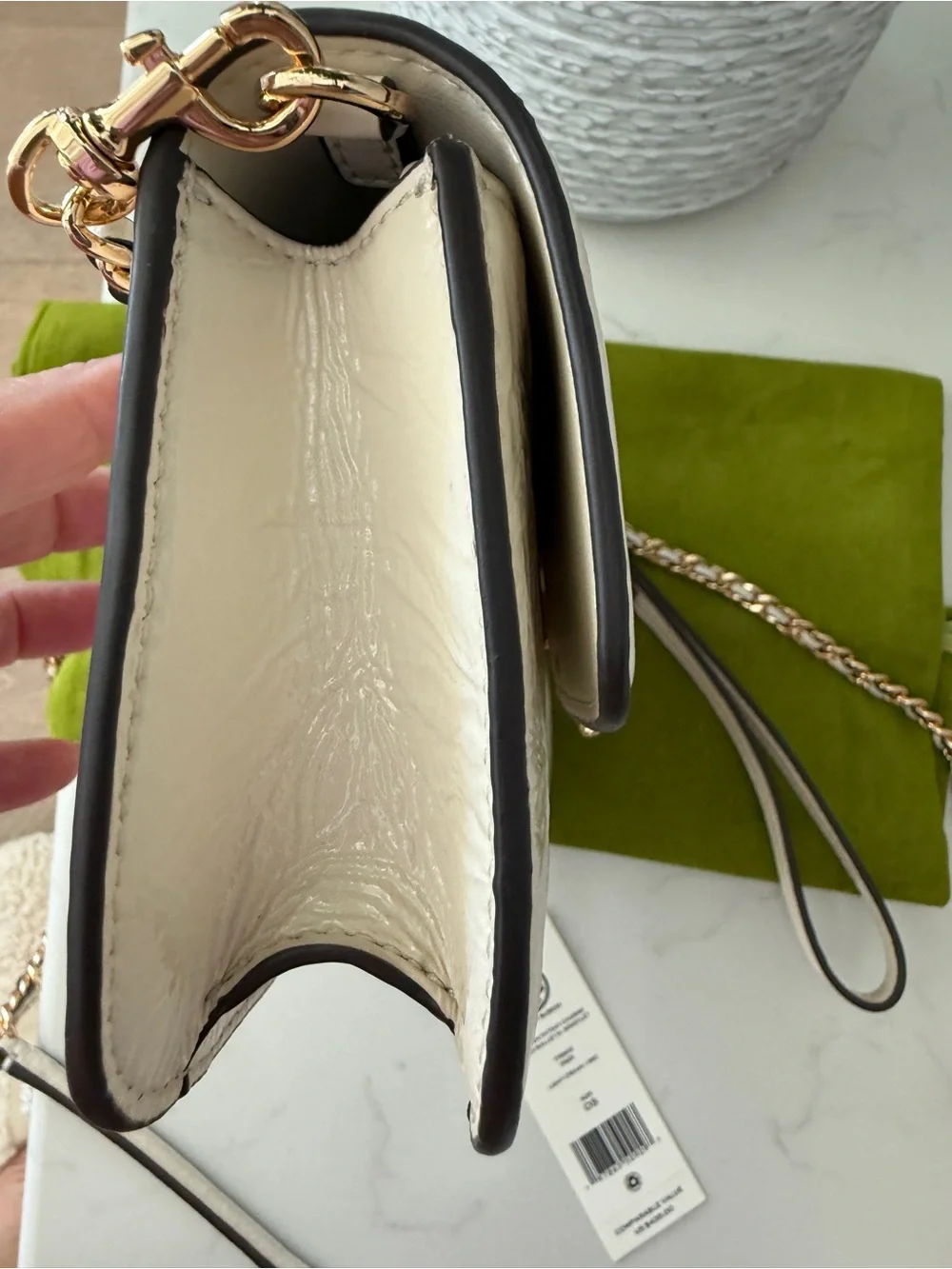 Tory Burch crinkle Cream patent leather Logo Chain Crossbody/with wristlet strap